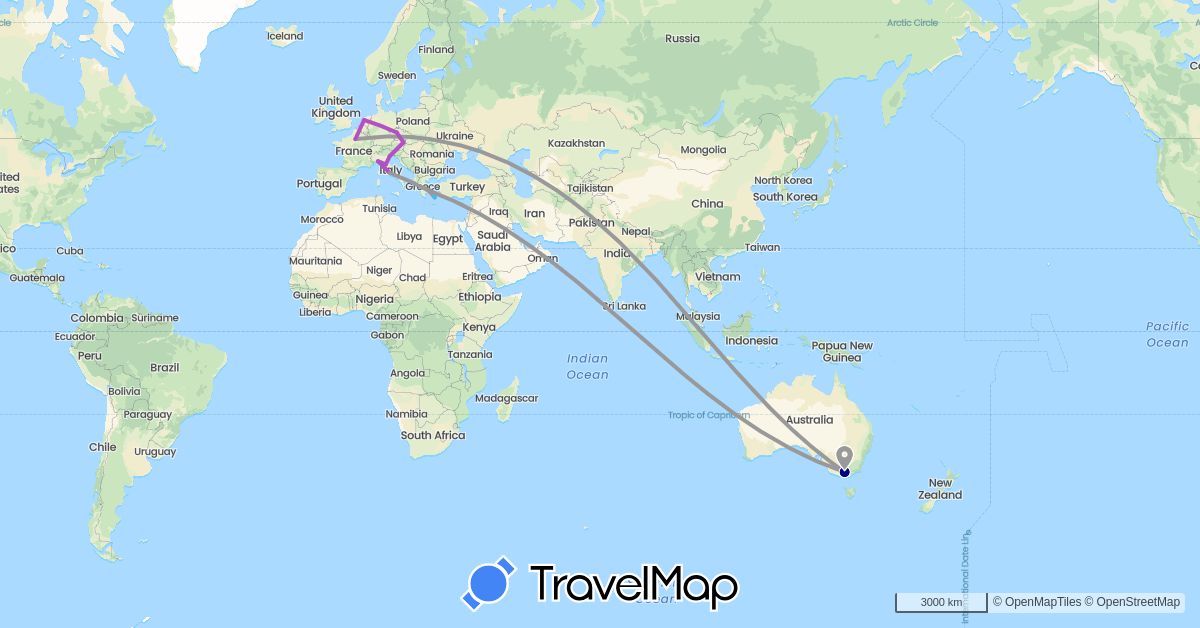 TravelMap itinerary: driving, plane, train, boat in United Arab Emirates, Austria, Australia, Czech Republic, France, Greece, Italy, Netherlands (Asia, Europe, Oceania)